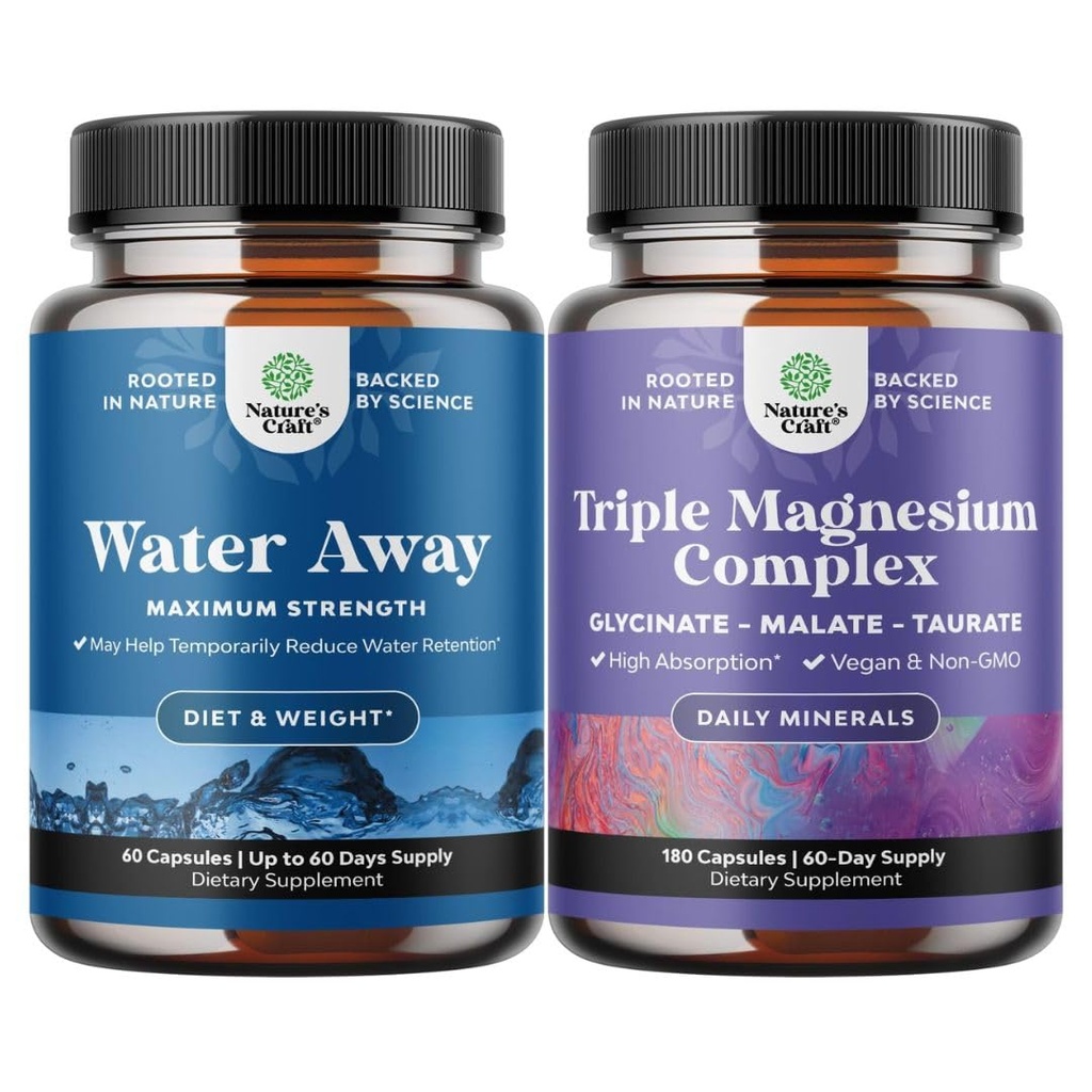 Bundle of Water Away Herbal Diuretic Pills High Strength - Fluid Retention Supplement with Dandelion Leaf Extract & Green Tea and Triple Magnesium Complex - Magnesium Glycinate, Malate & Taurate Blend