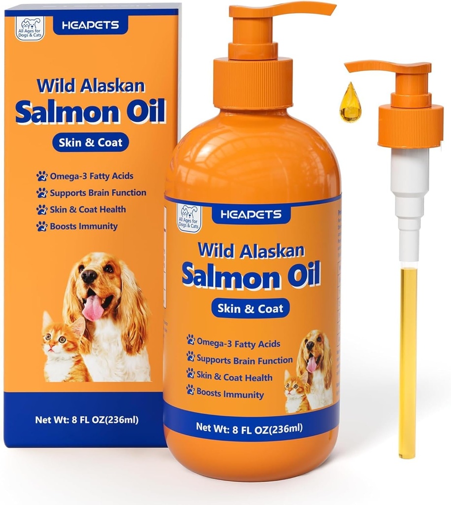 Wild Alaskan Salmon Oil for Dogs & Cats, Fish Oil Omega 3 Supplements with EPA & DHA for Skin & Coat, Immune, Brain, Joint and Heart Health, Dog & Cat Fish Oil Supplements with Pump- 8 oz