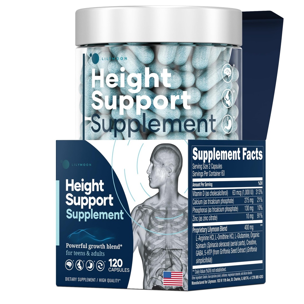 Height & Bone Support Supplement - Premium Height Growth Supplement for Kids & Teens with Calcium - Nutritional Support Bone Health Formula - Height Increase Essential Vitamins - 120 Caps