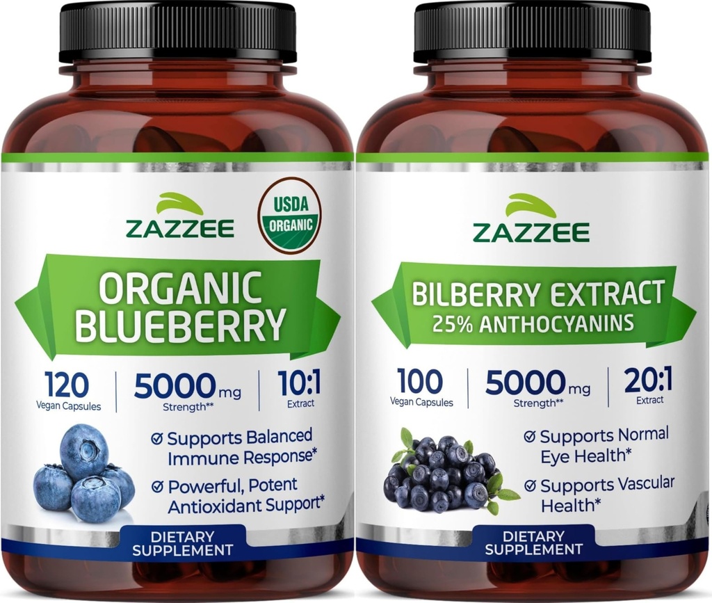 Zazzee Brain & Eye Health Support Bundle | Extra Strength Bilberry 20:1 Extract & USDA Organic Blueberry Extract Capsules | Non-GMO Vegan & ISO Lab Tested