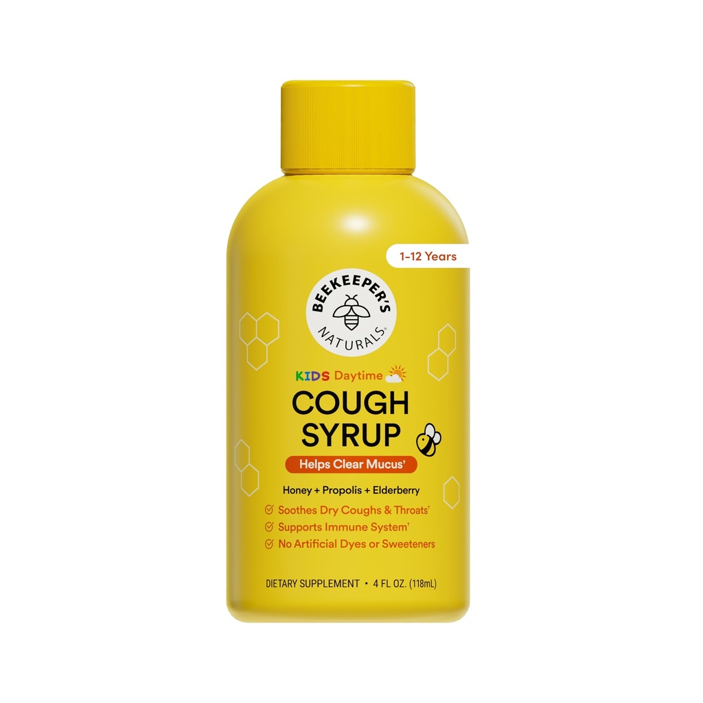 Beekeeper's Naturals Propolis Honey Cough Syrup Daytime for Kids Immune Support with Elderberry, Vitamin C, Vitamin D & Raw Honey - Laroat Soothing - Χωρίς γλουτένη & Καθαρά Συστατικά, 4 oz.