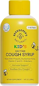 Beekeeper's Naturals Propolis Honey Cough Syrup Daytime for Kids Immune Support with Elderberry, Vitamin C, Vitamin D & Raw Honey - Throat Soothing - Gluten Free & Clean Ingredients, 4 oz.