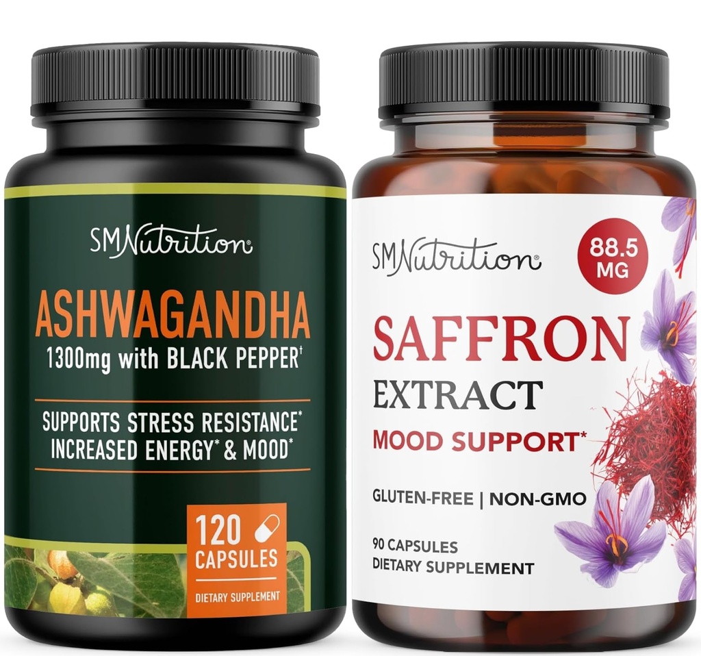 SMNutrition Saffron Supplement & Ashwagandha with Black Pepper | Herbal Adaptogen Bundle with Saffron Extract (90 Servings) and Ashwagandha Capsules (60 Servings)