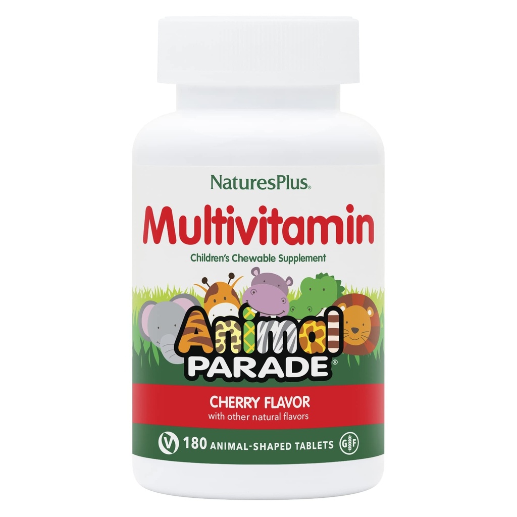 NaturesPlus Animal Parade Children's Chewable Multivitamin - Cherry Flavor - 180 Animal-Shaped Tablets - Promotes Health & Well-Being - Vegetarian, Gluten Free - 90 Servings
