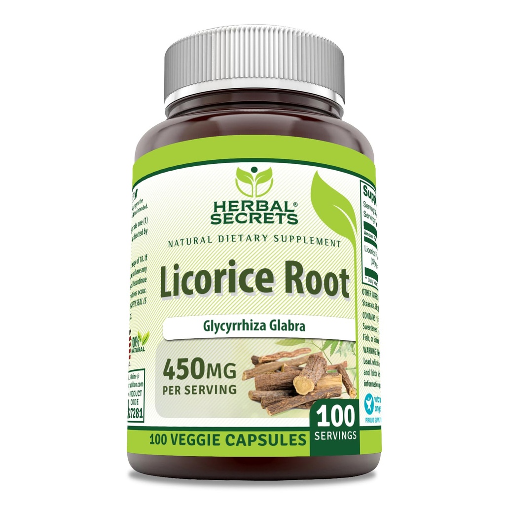 Herbal Secrets Licorice Root | 450 Mg | 100 Veggie Capsules | Non-GMO | Gluten-Free | Made in USA