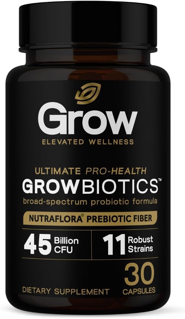grow vitamin GrowBiotics Probiotics for Women & Men: Comprehensive Formula, 45 Billion CFU, 11 Strains, Dairy Free - w/Prebiotics and Probiotics - Promotes Immune & Gut Health - 30 Veggie Caps
