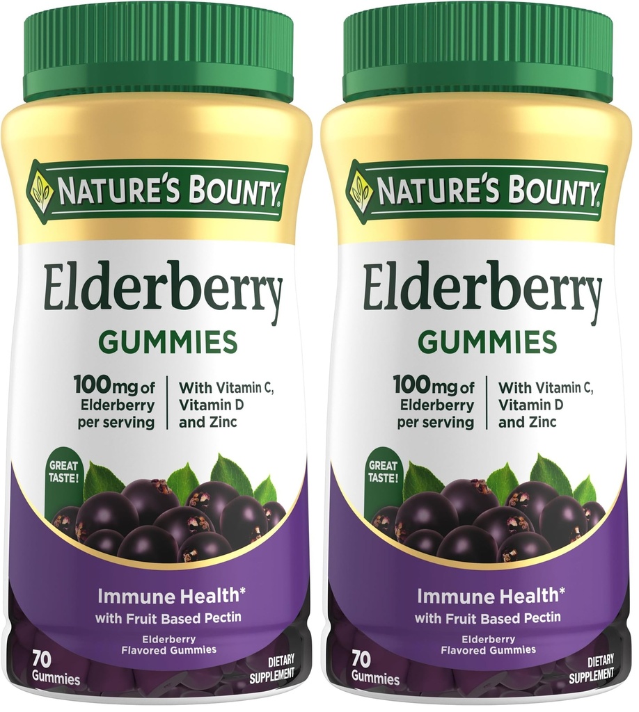 Nature's Bounty Elderberry Gummies, Dietary Supplement, Supports Immune Health, Contains Vitamin A, C, D, E and Zinc, 100 mg, 70 Gummies (Pack of 2)