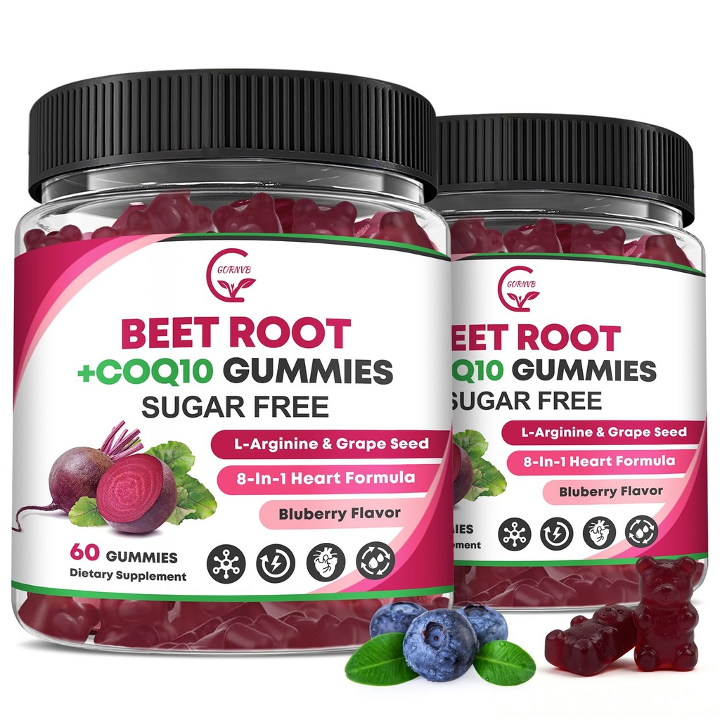 Beet Root Gummies – Beetroot Supplement with CoQ10, L-Arginine & Grape Seed Extract, Nitric Oxide Booster, Support Blood Pressure and Heart Health, Antioxidant Support, Vegan, Gluten Free – 120 Counts