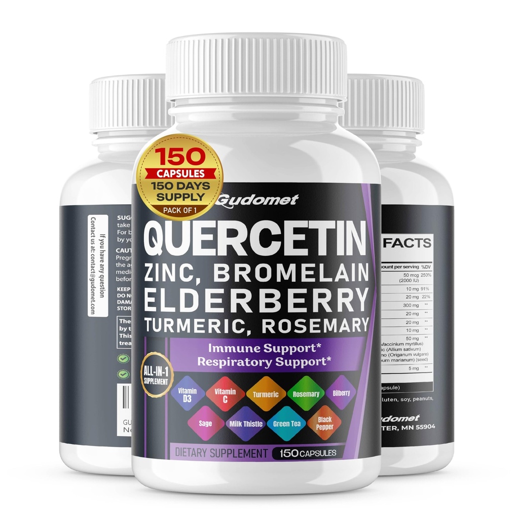 Quercetin Bromelain Zinc Βιταμίνη D3 Elderberry Turmeric Δενδρολίβανο Bilberry Φασκόμηλο Ανόθευτο Σκόρδο Πράσινο Τσάι Γάλα Thistle Ρίγανο -150 Κάψουλες- Κατασκευασμένο στις ΗΠΑ