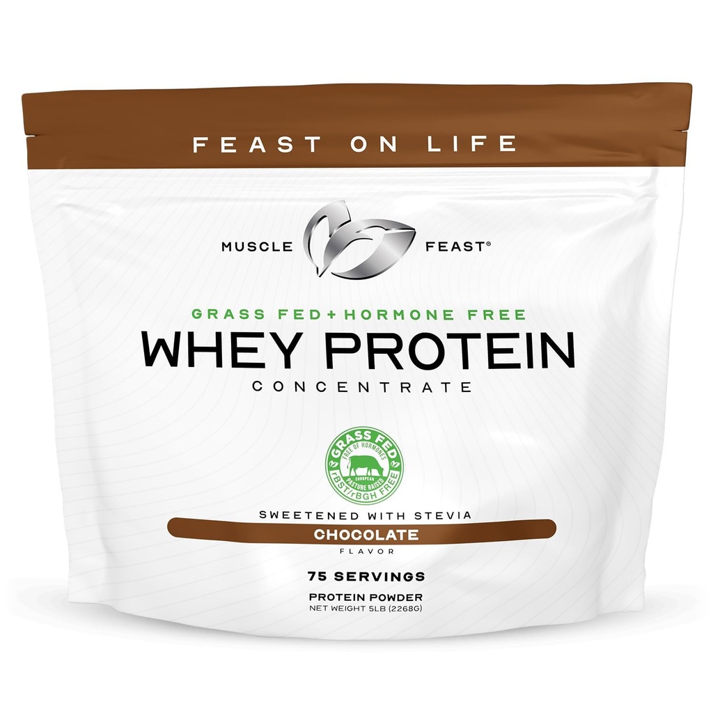 Muscle Feast Grass-Fed Whey Protein Concentrate Powder, All Natural, Hormone Free Pasture Raised Whey Protein Powder for Women & Men, Clean, Non-GMO & Gluten Free Whey Concentrate - Chocolate, 5lb