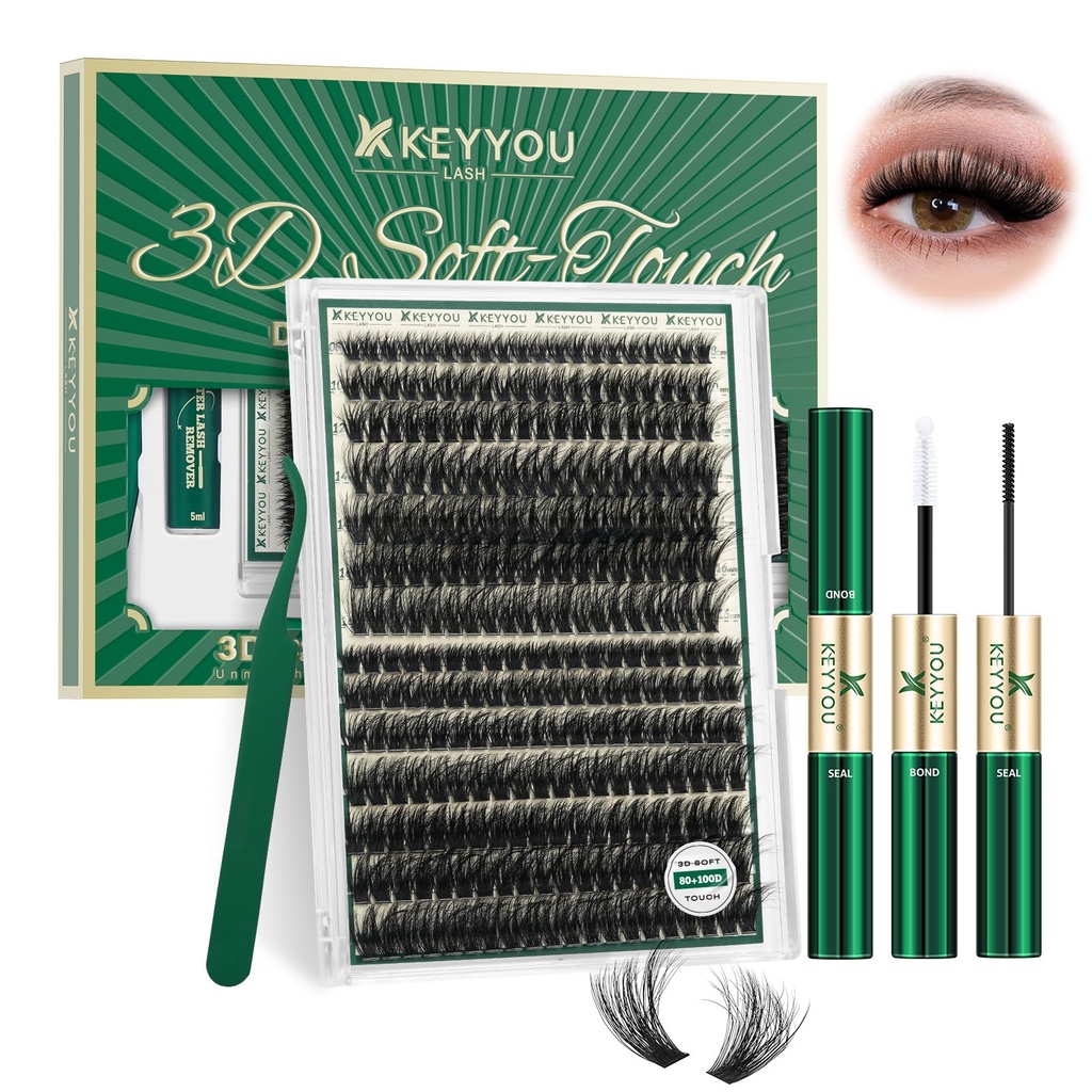 KEYYOU Lash Clusters Kit 80D100D Diy Individual Eyelash Extension Kit,Thick Volume lashes clusters Kit D Curl,280 Pcs Thin Band with Waterproof Lash Bond and Seal Tweezers (Kit-8-16MIX)