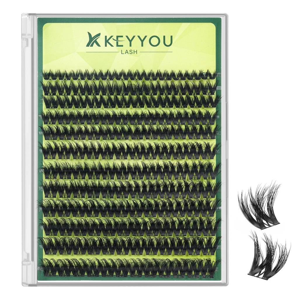 KEYYOU Lash Clusters 3D Effect Volume Eyelash Clusters Flaunt Style 144PCS D Curl Flora Wispy Look LengthLock 8–18mm Mix Ultra-Thin Black Band (PuffSilk V3D01)