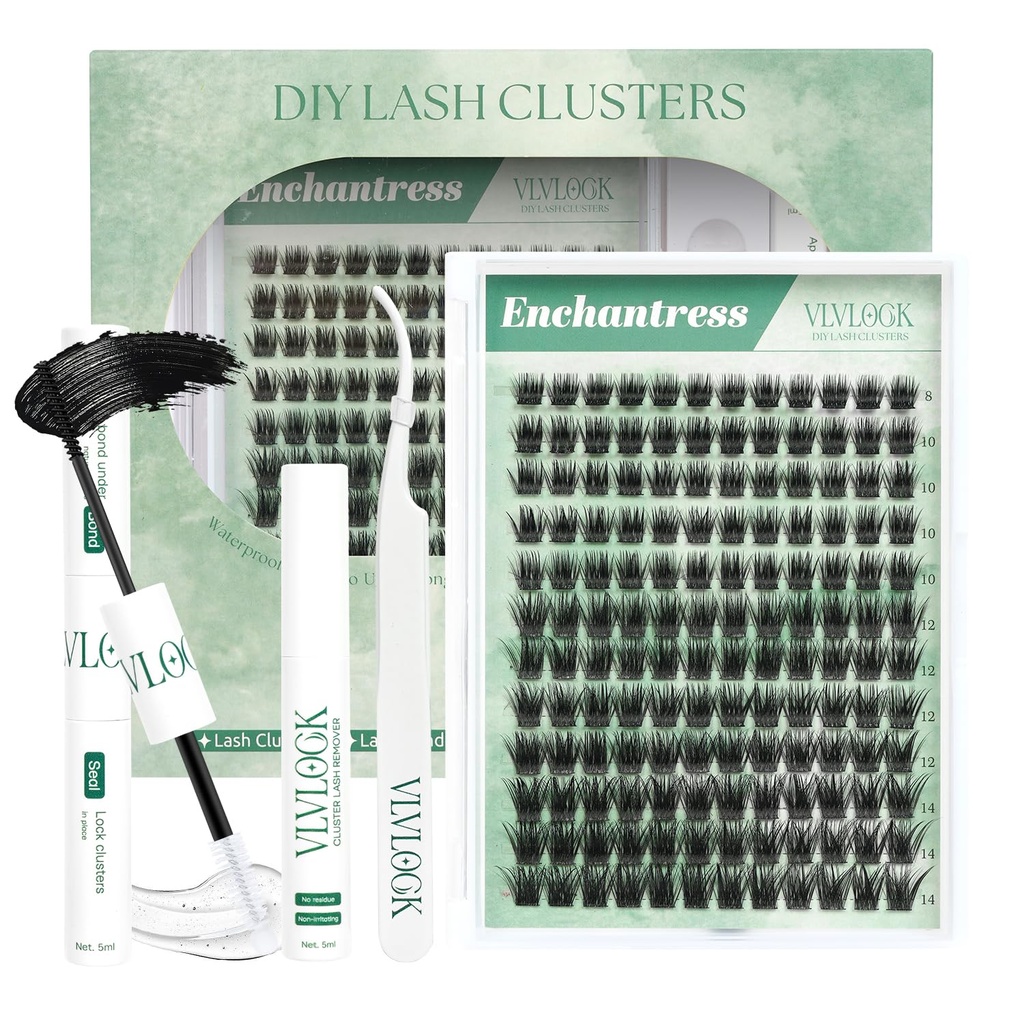 Enchantress Lash Clusters Kit Short Lashes Clusters 8-14MM DIY Lash Extensions Kit Waterproof Long-Lasting with Ultra-Thin Band Glue Remover Tweezer for Beginners(Enchantress Short Kit 8-14mm)