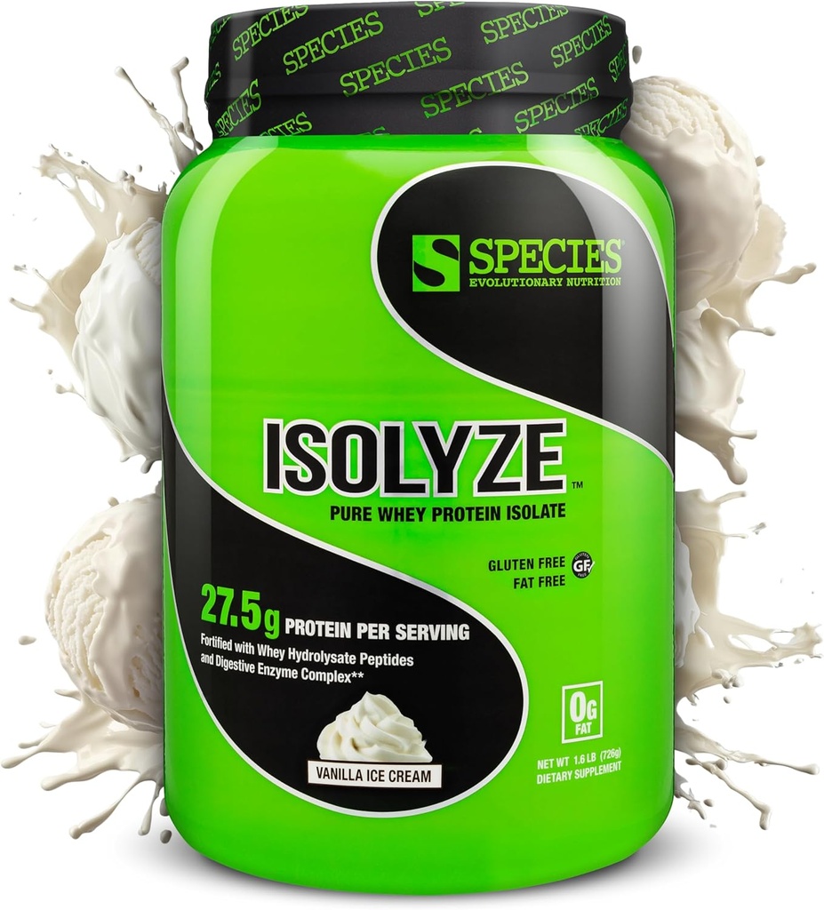 Species Nutrition Isolyze Whey Protein Powder, 100% Whey Isolate for Muscle Building, 27.5g Protein Per Scoop, No Sugar & Low Fat (Vanilla Ice Cream, 22 Servings)