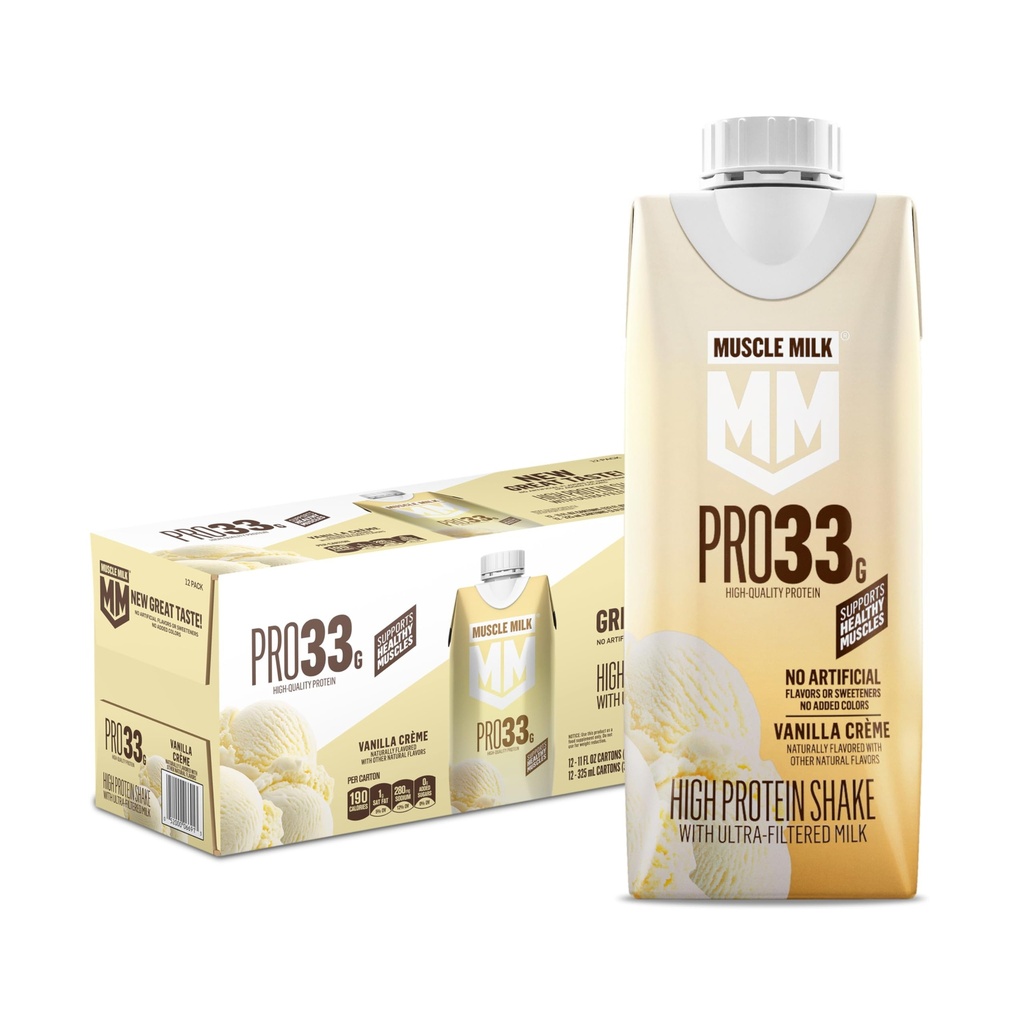 Muscle Milk Pro High Protein Shake, Vanilla, 11 fl oz Cartons, (12 Pack) Ultra Filtered Milk, 33g High Quality Protein Shake, 3g Sugar, 200 Calories, No Artificial Flavors or Artificial Sweeteners, No Added Colors