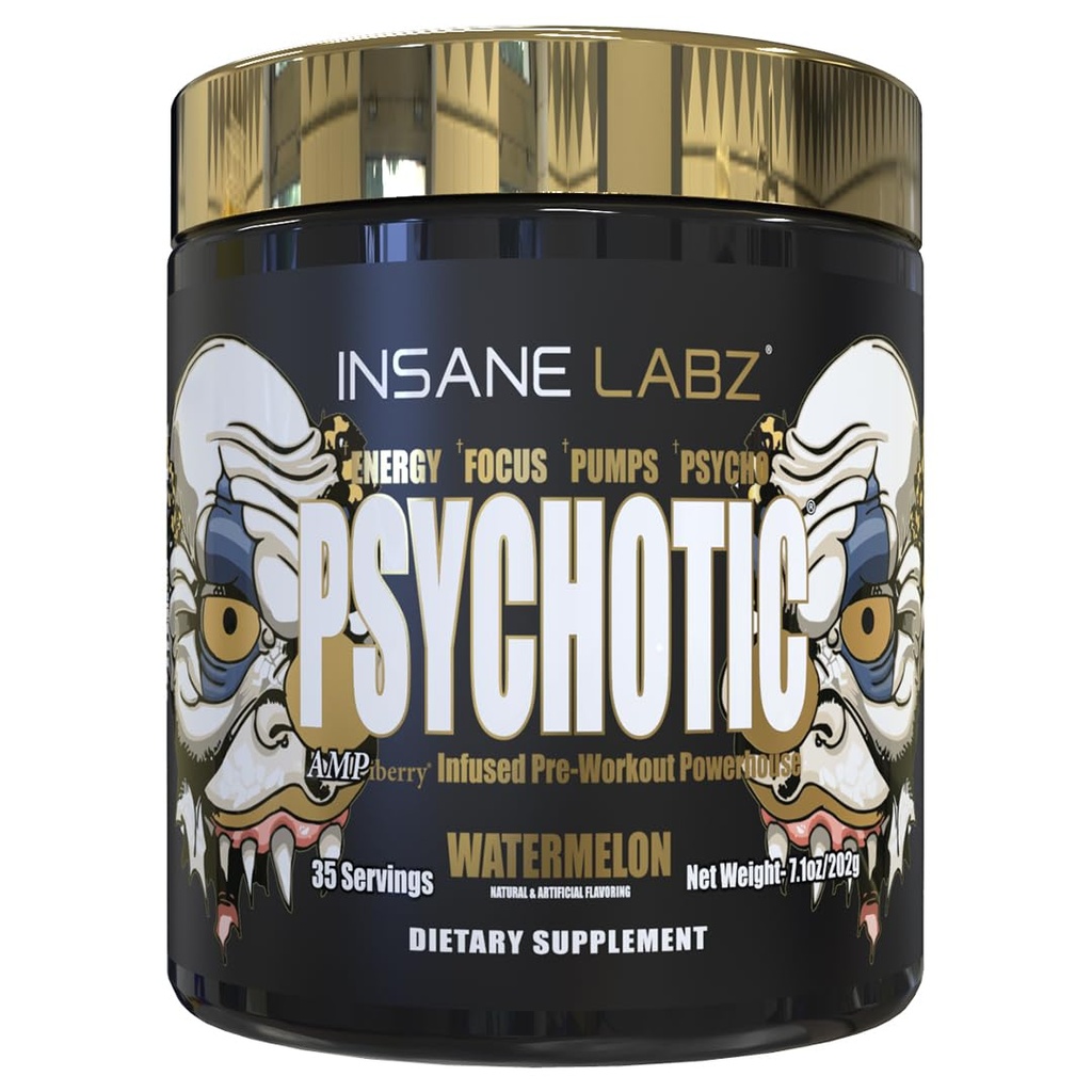 Insane Labz Psychotic Gold, High Simulant Pre Workout Powder, Extreme Lasting Energy Focus, Αντλίες και Αντοχή με Beta Alanine, DMAE Bitartrate, NO Booster (35 Services, Watermelon)