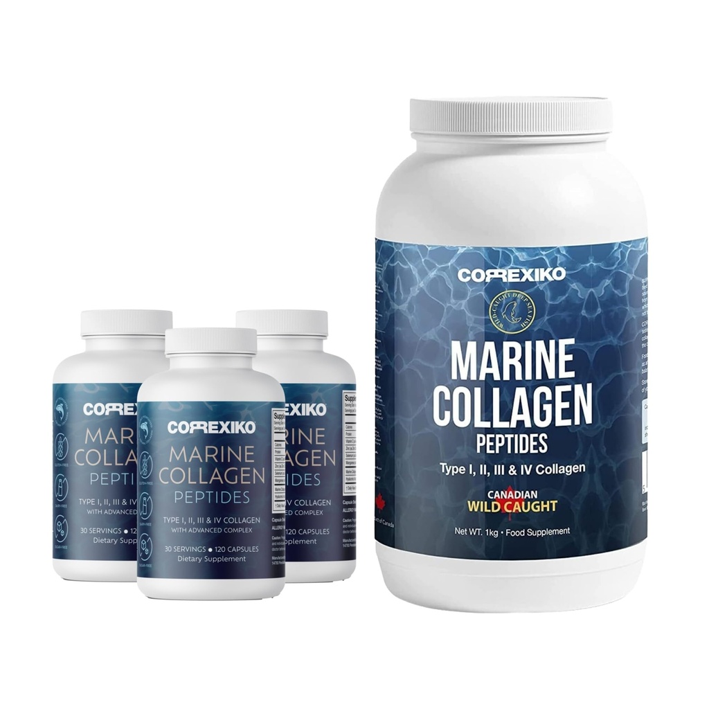 CORREXIKO Marine Collagen συμπλήρωμα χάπια & σκόνης 3 Μήνες προσφοράς - Περιλαμβάνει 10.000mg διπλής υδρολυμένης σκόνης κολλαγόνου 1kg & 1800mg κολλαγόνο Peptides 360 κάψουλες - για τα μαλλιά, το δέρμα και τα νύχια