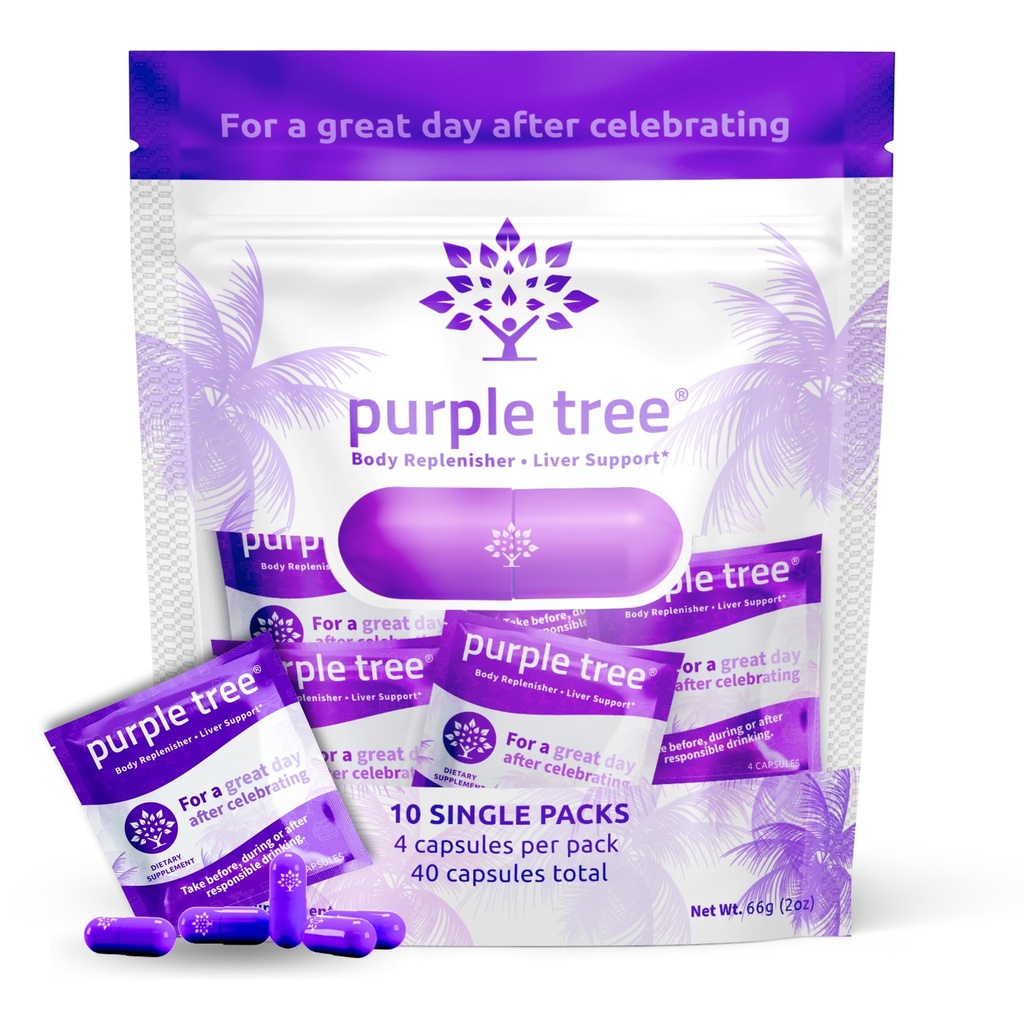 purple tree Post-Celebration Wellness | Liver Support, Hydration & Replenisher | Dihydromyricetin DHM, Milk Thistle, Electrolytes, Vitamins | Bachelorette & Bachelor Party Kits, 10 Packs, 40 Pills