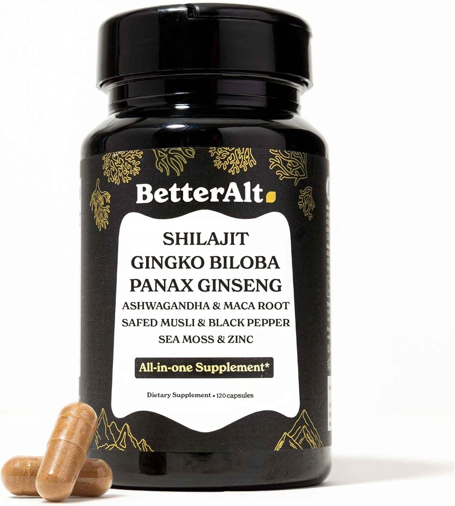 8800mg Shilajit, Maca Root, Ginkgo Biloba, Sea Moss, Ashwagandha, Panax Ginseng, Safed Musli & Zinc| Boost Stamina & Energy, 120 Capsules| 95 + minerals| All in One Herbal Supplement for Men & Women