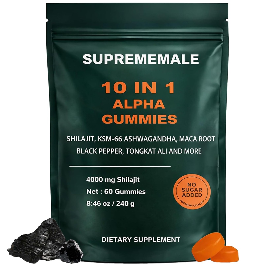 SupremeMale 10 in 1 Alpha Gummies for Men, Alpha Shilajit Gummies with Ashwagandha, Tongkat Ali & Black Musli, Supports Daily Energy, 60 Count(1 PC)