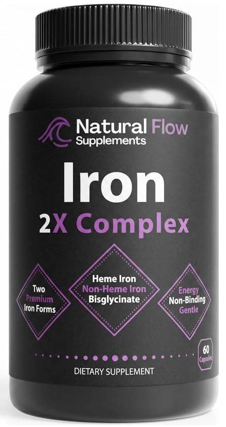 Natural Flow 2X Iron Complex — Dual-Source Heme + Ferrous Bisglycinate, 28 mg Elemental Iron with Methylfolate, Methylcobalamin B12, B6, Vitamin C & Copper — Gentle on Stomach, Blood Building, 60 Caps
