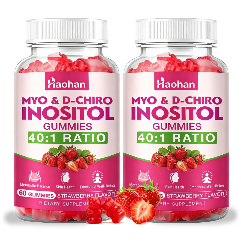 Haohan 2 Pack Myo-Inositol & D-Chiro Inositol Gummies for Female Health, with Vitamin D3, Magnesium Glycinate, Folate & Zinc, Sugar Free, Strawberry Flavor – 120 Gummies
