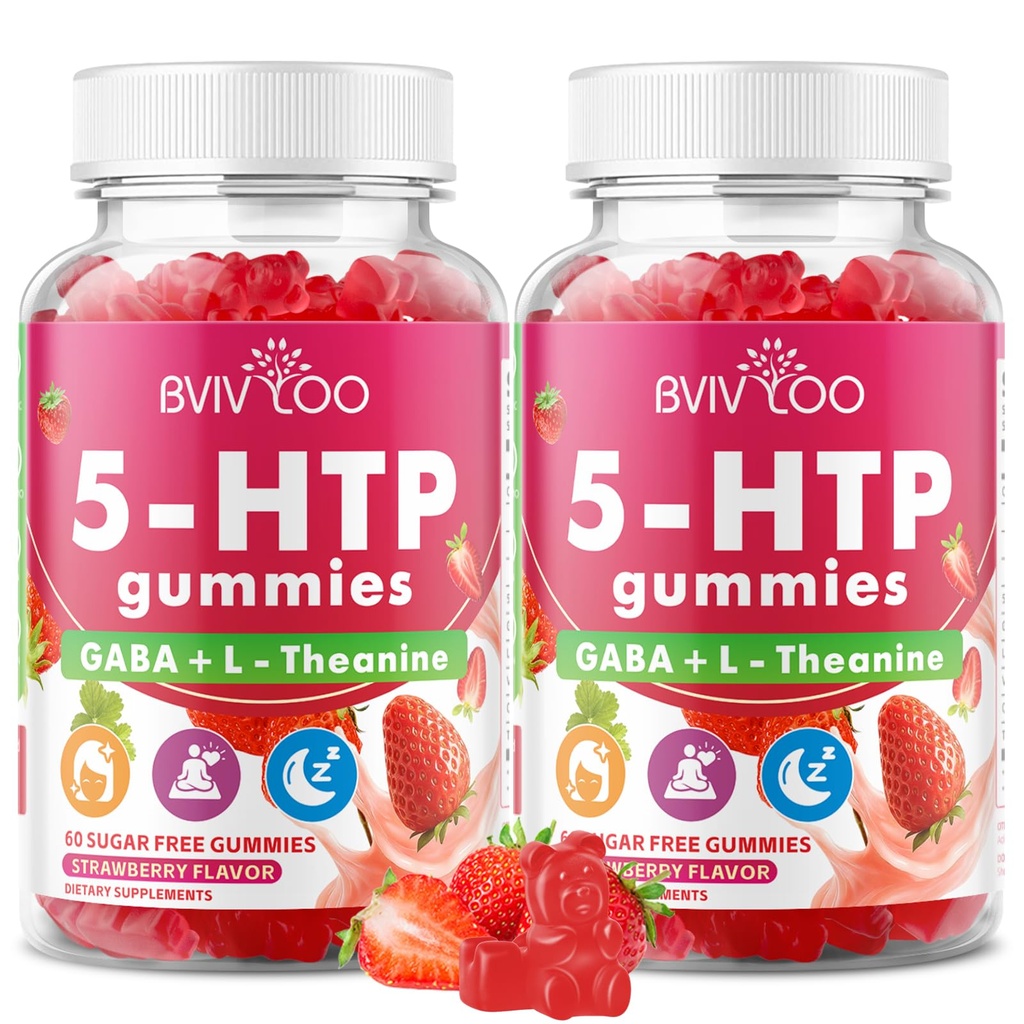 2 Pack 5-HTP Gummies + GABA - L-Theanine, Vitamin D3, Circadian Rhythm for Adults, Strawberry Flavor, 120 Count