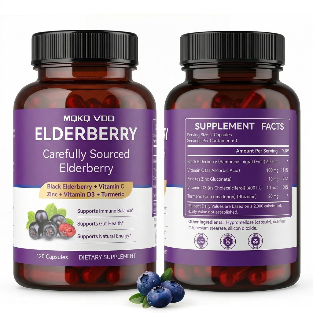 5-in-1 Elderberry Capsules | Immune Support with Vitamin C, Zinc, Vitamin D3 & TurmericImmune Balance、Gut Health、Respiratory Health、Anti-Inflammatory、Seasonal Immune Support | 120 Non-GMO