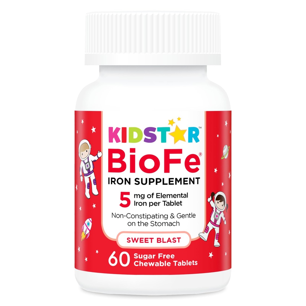 KidStar Nutrients BioFe Pure Iron Chewable Tablets for Kids & Adults, Sweet Blast, No Sugar, Sweetened with Xylitol, 60 Chewable Tablets