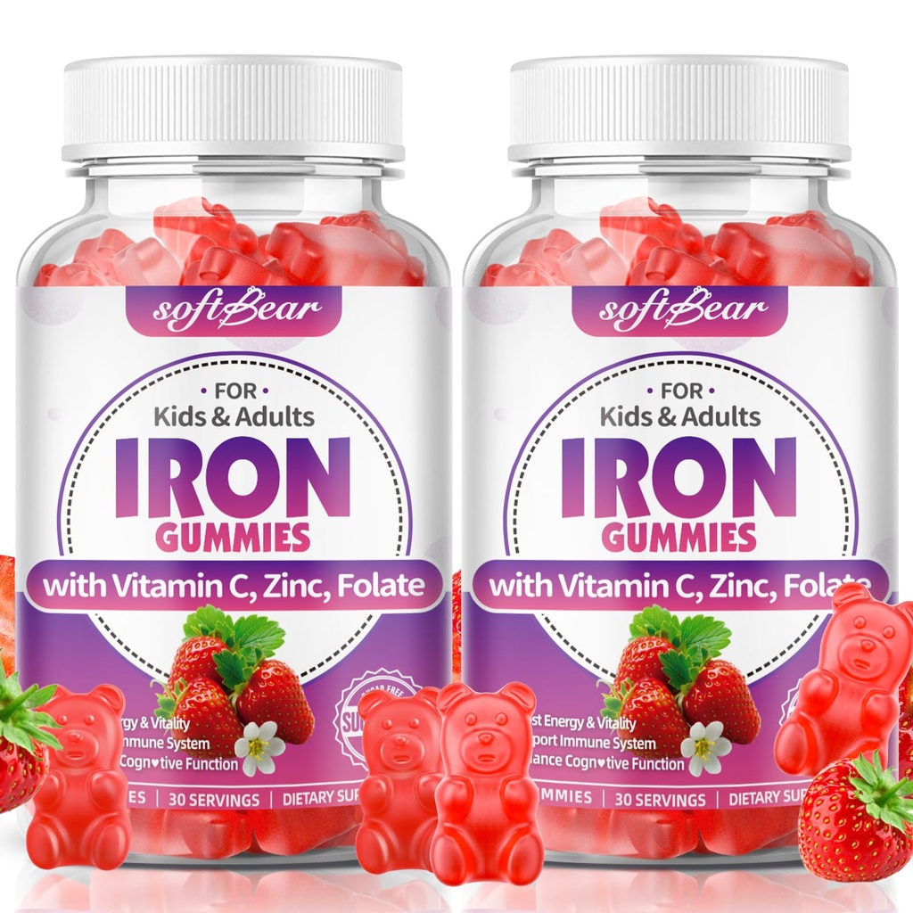 softbear Iron Gummies for Women & Men & Kids, Chewable Iron Supplements with Vitamin C,B3,B5,B6,B12 Supports Immune System, Energy & Vitality, Sugar-Free/Vegan, Strawberry Flavor 120 Count