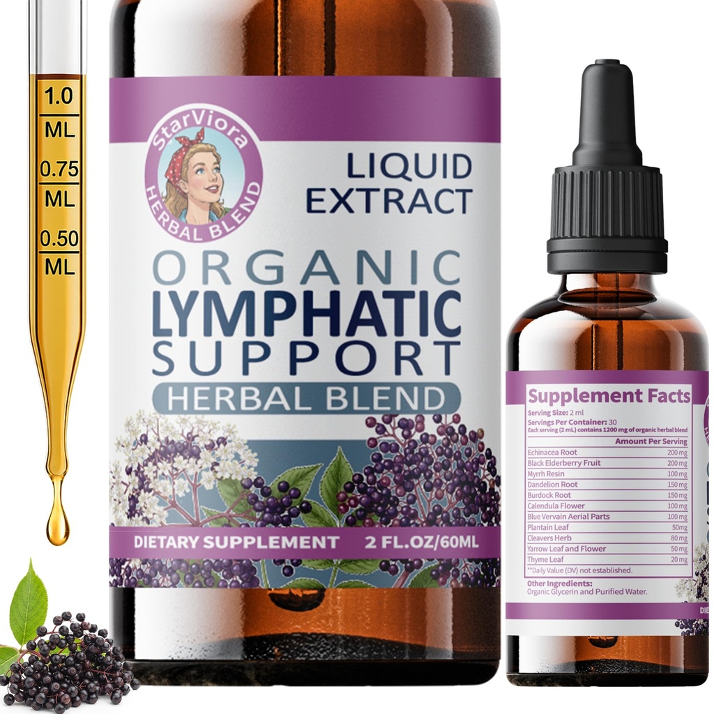 Lymphatic Support Drops - Organic Herbal Formula with Echinacea,Elderberry &Blue Vervain- Liquid Wellness Support for Lymph Flow & Immune Balance- Vegan, Non-GMO,2.1 fl oz