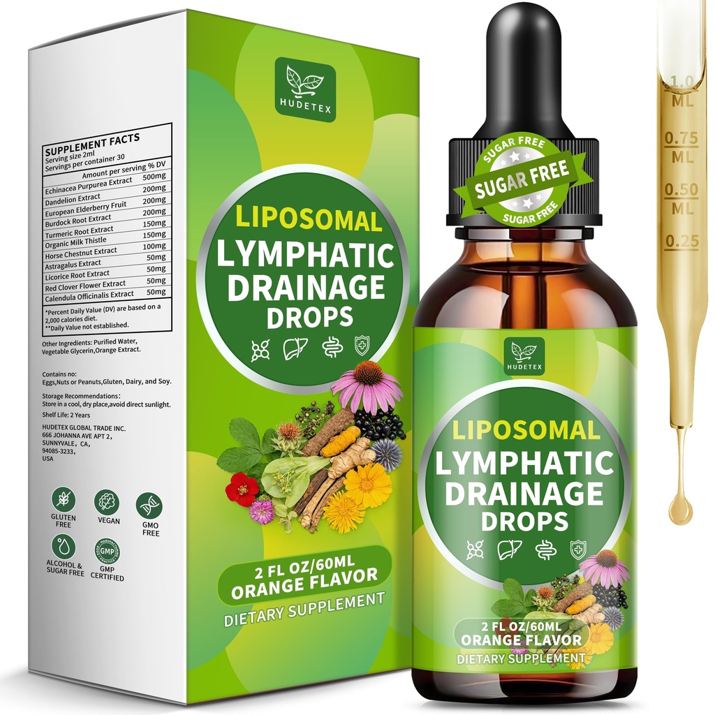 Lymphatic Drainage Drops Supplement for Liposomal, Immune & Lymph System Support for Women & Men with Echinacea,Elderberry,Dandelion,Milk Thistle,Burdock,Turmeric & More,Orange Flavor,2 FL OZ
