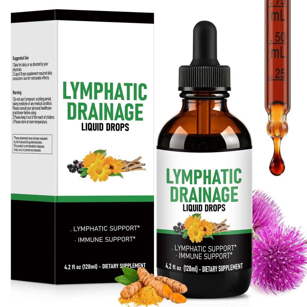 Lymphatic Drainage Drops, Herbal Lymphatic Support Liquid Supplement with Elderberry, Echinacea, Cleavers, Dandelion Root, Ginger & Burdock Root, Vegan, Alcohol-Free, 4 Fl Oz