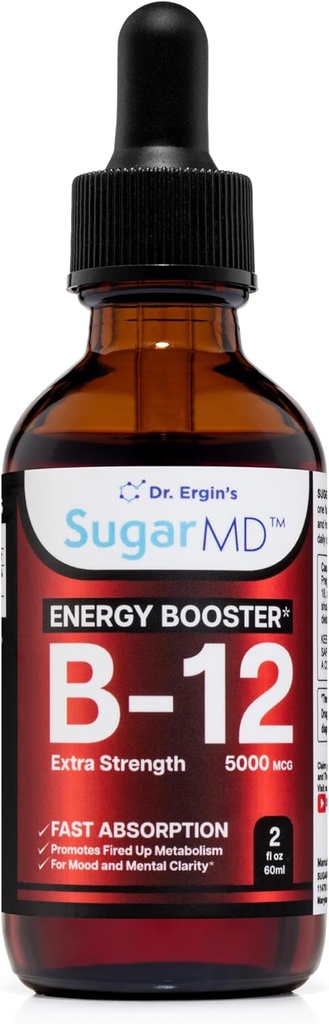 SugarMD Βιταμίνη B12 5000 mcg Υγρές σταγόνες – 2 fl oz (60ml) Ενεργειακές σταγόνες για γυναίκες και άνδρες – Μη ΓΤΟ & Χωρίς γλουτένη Υγρές σταγόνες B12 με μέγιστη φόρμουλα απορρόφησης