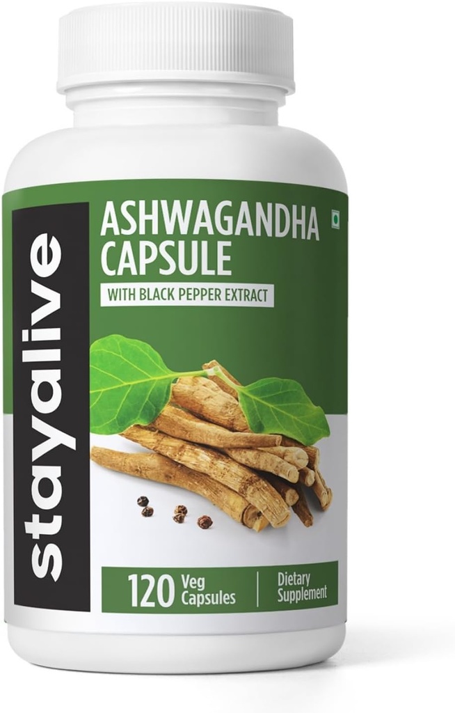 STAY ALIVE Ashwagandha με Black Pepper, 10:1 Extract, 120 χάπια, 100% καθαρή σκόνη ρίζας, κάψουλες πρόσθετης αντοχής, μη γλουτένη και χωρίς Ashwagandha συμπληρώματα για γυναίκες και άνδρες