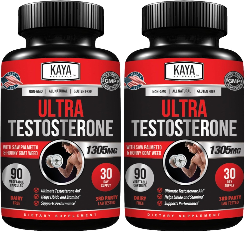 Kaya Naturals Ultra Testosterone - Men's Testosterone Booster with Tongkat Ali, Horny Goat Weed, Tribulus - Natural Workout Supplement for Energy, Stamina, and Strength Booster - 90 Count (Pack of 2)