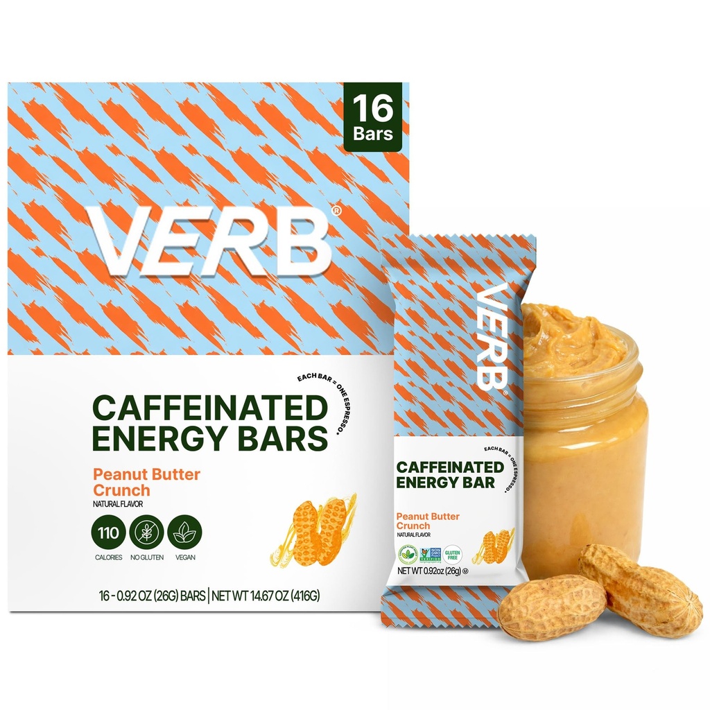 Verb Caffeinated Energy Bars Peanut Butter Cookie (26g, Pack of 16) 110-Calorie Delicious Energy Bar - Vegan Gluten Free On-the Go Snack with 80mg Green Tea Caffeine, Only Real-Food Ingredients