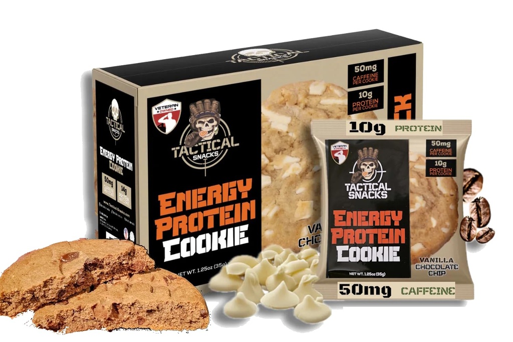 Tactical Snacks Energy Protein Cookies | 12-Pack (420g) | 10g Protein, 50mg Caffeine from Green Tea | Clean Energy Snack | Low Sugar | Mission-Ready Fuel (Vanilla Chocolate Chip)