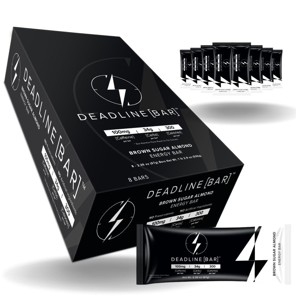 Deadline Bar Caffeinated Energy Bar Brown Sugar Almond 8pk - 100mg Caffeine - 10g Protein - 34g Carbs - 300 Calories - All Natural - No Artificial Ingredients - No Preservatives