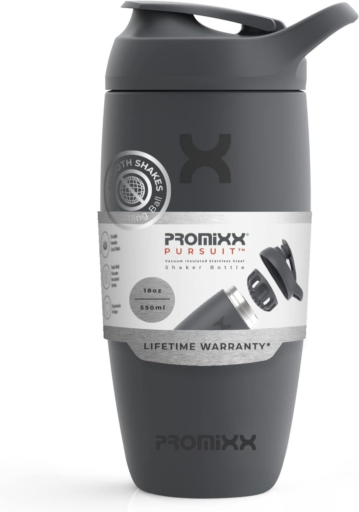 Promixx Pursuit Shaker μπουκάλι μονωμένο από ανοξείδωτο χάλυβα μπουκάλι νερό και shawer Κύπελλο, 18oz, Graphite Gray