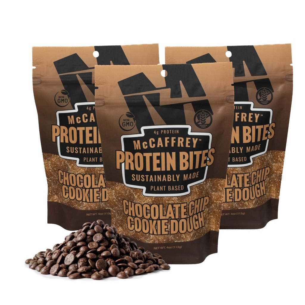McCaffrey Protein Bites – Chocolate Chip Cookie Dough Flavor – 3 Multi-Serving 4oz Bags – 4g of Protein per Serving – Gluten-Free, Vegan, High Fiber Energy Snack for Active Families