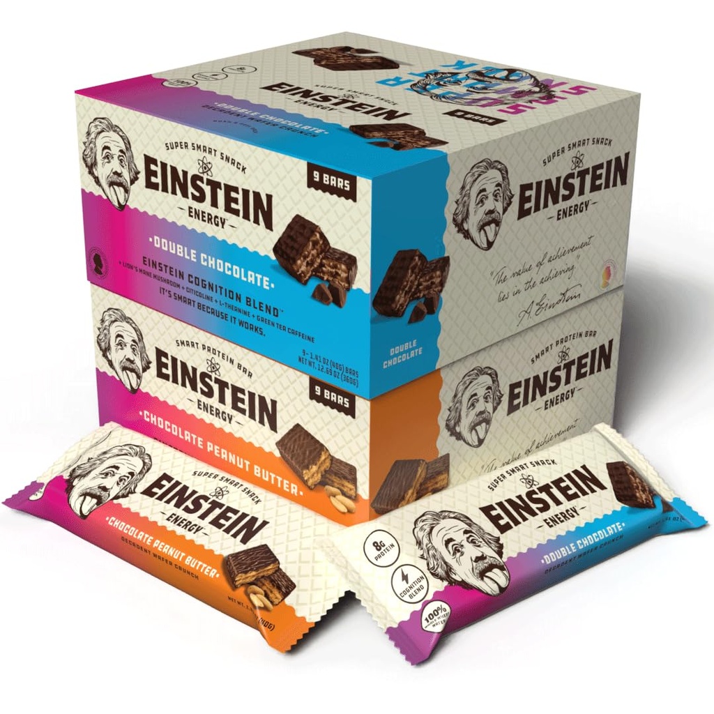 Einstein Energy Smart Snack Bars- Double Chocolate & Peanut Butter Protein Bars with Lion’s Mane, Green Tea Extract & Caffeine for Focused Energy- Chocolate Wafers Bars Boost Mind, Body & Mood Anytime