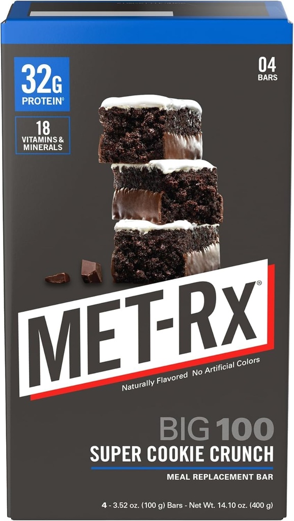 MAT-Rx Big 100 High Protein Meal Replacement Bars, Super Cookie Crunch Flavor, 32g Protein, 18 Vitamins & Minerals, Energy & Muscle Support, 3.52 oz Each, 4 Count