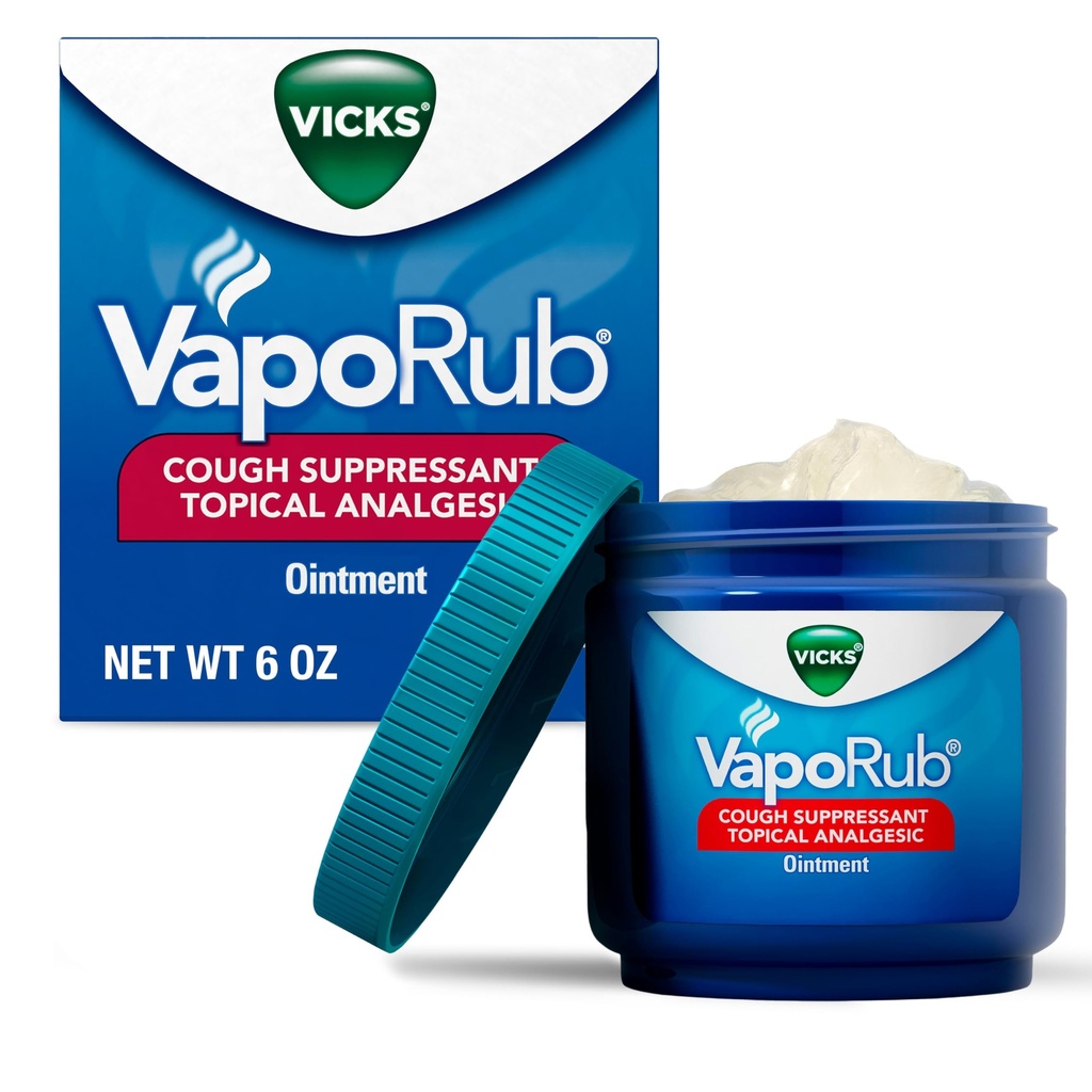 VapoRub, Original, Cough Suppressant, Topical Chest Rub & Analgesic Ointment, Medicated Vicks Vapors, Relief from Cough Due to Cold, Aches & Pains, 6oz