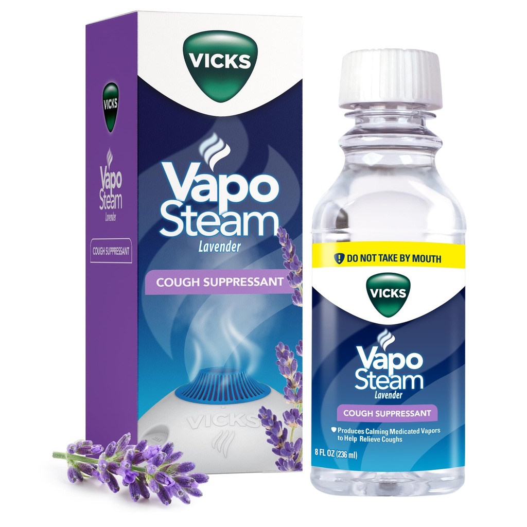 Vicks VapoSteam Lavender, Medicated Liquid Camphor Cough Suppressant, Vapor Steam Helps with Cough Relief, Relaxation, and Comfortable Sleep, Compatible Humidifiers & Vaporizers, 8 Oz