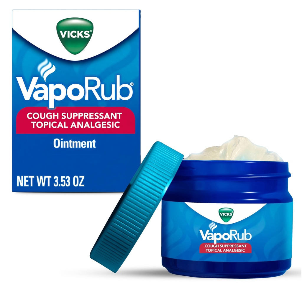Vicks VapoRub Original Cough Suppressant Topical Analgesic Ointment 3.53 oz, Best used for relief from cold symptoms, aches, and pains