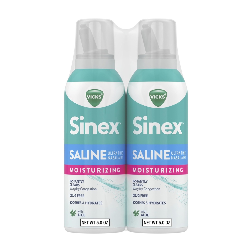 Vicks Sinex Saline Moisturizing Nasal Spray, with Aloe, Drug Free Ultra Fine Mist, Clear Everyday Sinus Congestion Fast, Clear Mucus from a Cold or Allergy, 5 OZ x 2