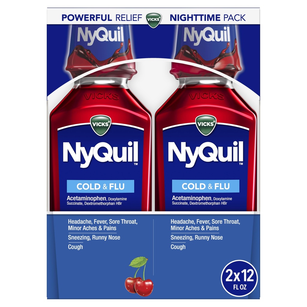 Vicks NyQuil, Nighttime Relief of Cough, Cold & Flu Relief, Sore Throat, Fever, & Congestion Relief, Cherry Flavor, Twin Pack, 12 FL OZ
