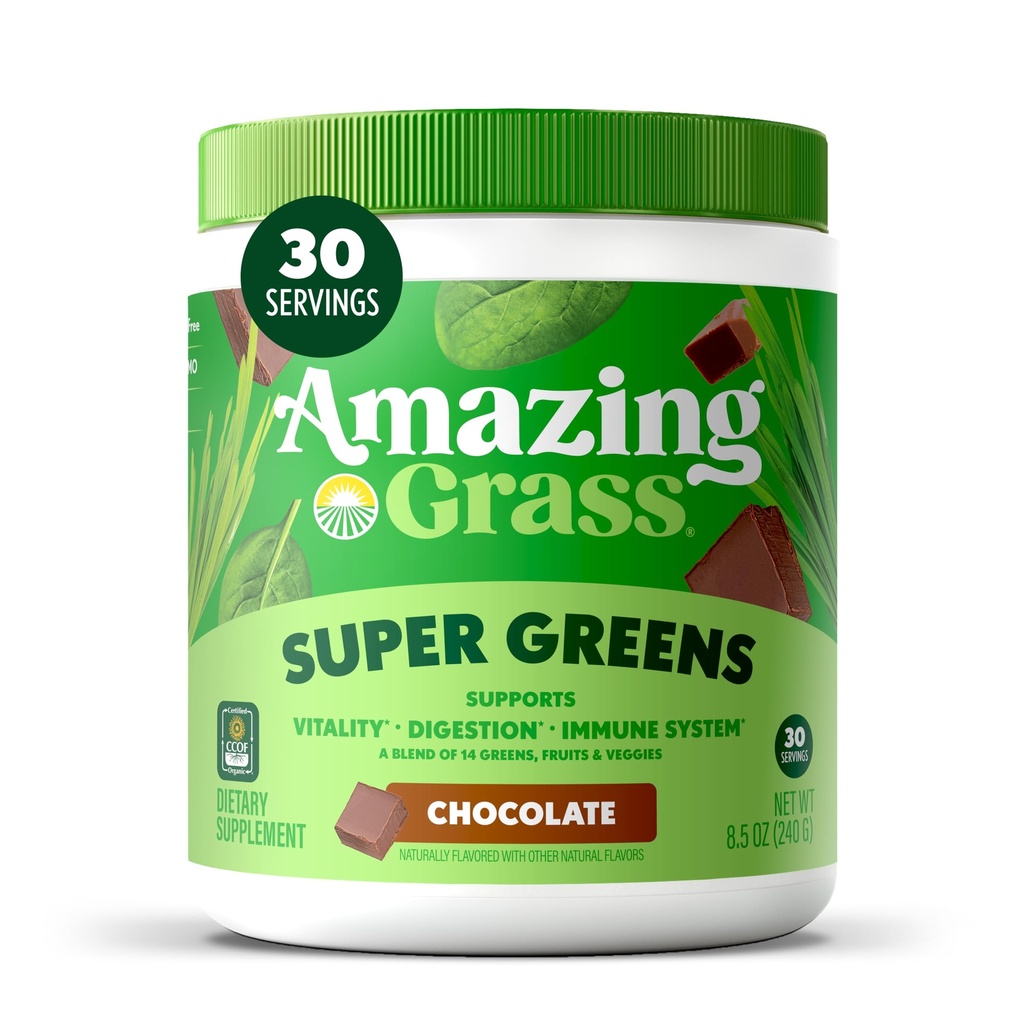 Amazing Grass Super Greens Powder, Organic, Greens Superfood Powder, Smoothie Supplements, Supports Digestion, Probiotics, Spirulina, Beet Root, Chocolate, 30 Servings, 8.5 Ounce (Packaging May Vary)
