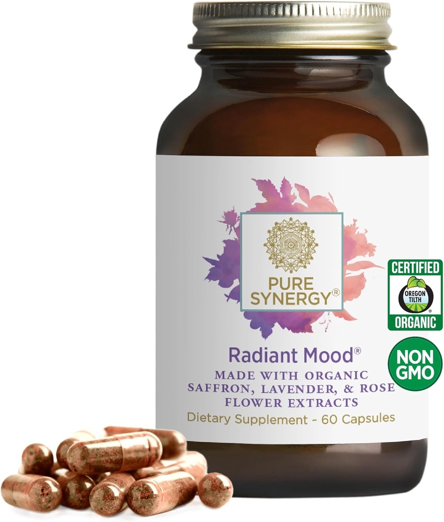 Pure Synergy Radiant Mood | Natural Mood and Sleep Supplement with Organic Saffron | with Saffron, Lemon Balm, and Magnolia Bark | for Sleep, and Stress Support (60 Capsules)